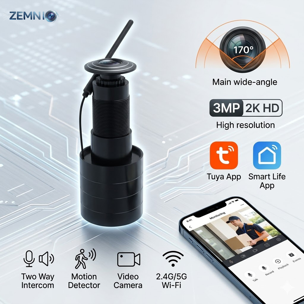Smart Doorbell Wired - ZEMNIO 2K 3MP slimme deurkijkgaatjecamera, 170
